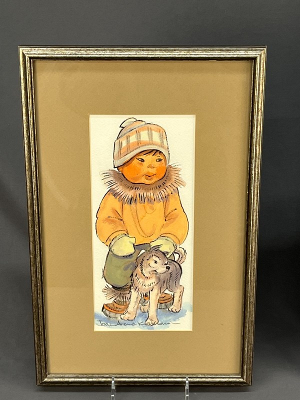 2 Joan Arend Kickbush Framed INUIT BOY & GIRL Watercolor Paintings Pencil Signed gallery