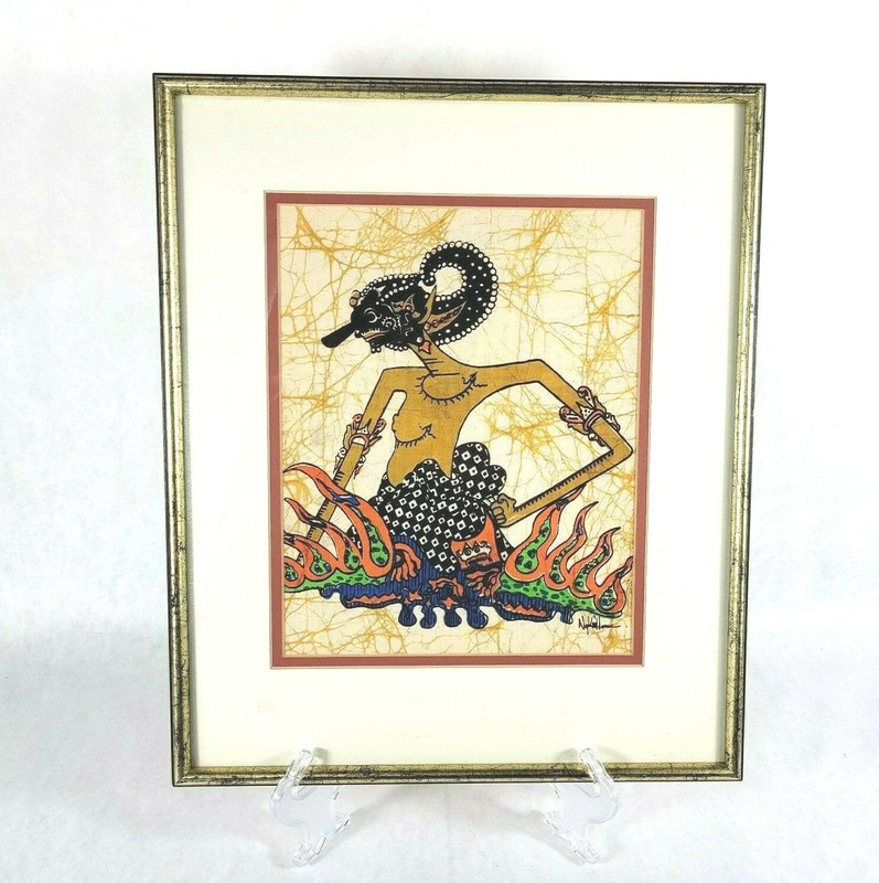 Hindu Fabric Painting of Arjuna Wayang Kulit Shadow Puppet Framed 16 x 13