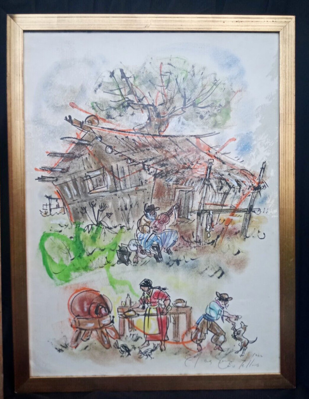 Vtg Elena Castellanos Argentina Gaucho Cowboy Painting Guitar 1/16 framed 27.5″