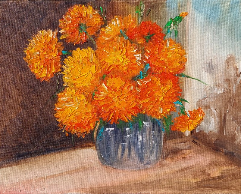 Oil original painting on canvas size 12×9 inches Marigolds flowers