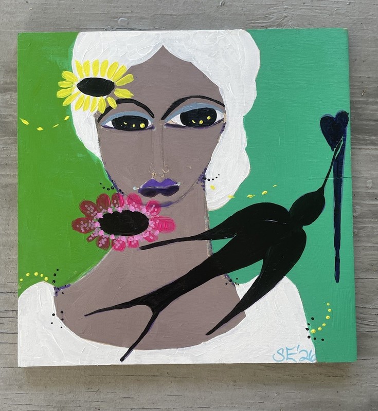 Abstract Raven And Woman One Of A Kind Painting On Wood Outsider Artist