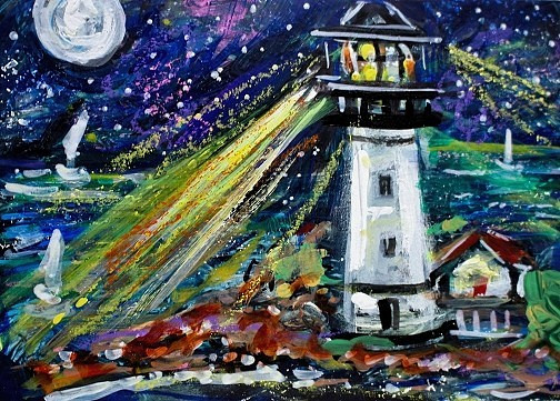 ORIGINAL ACEO Painting LIGHTHOUSE Night Stars Ocean Boats Waves Moon Sea ATC ART