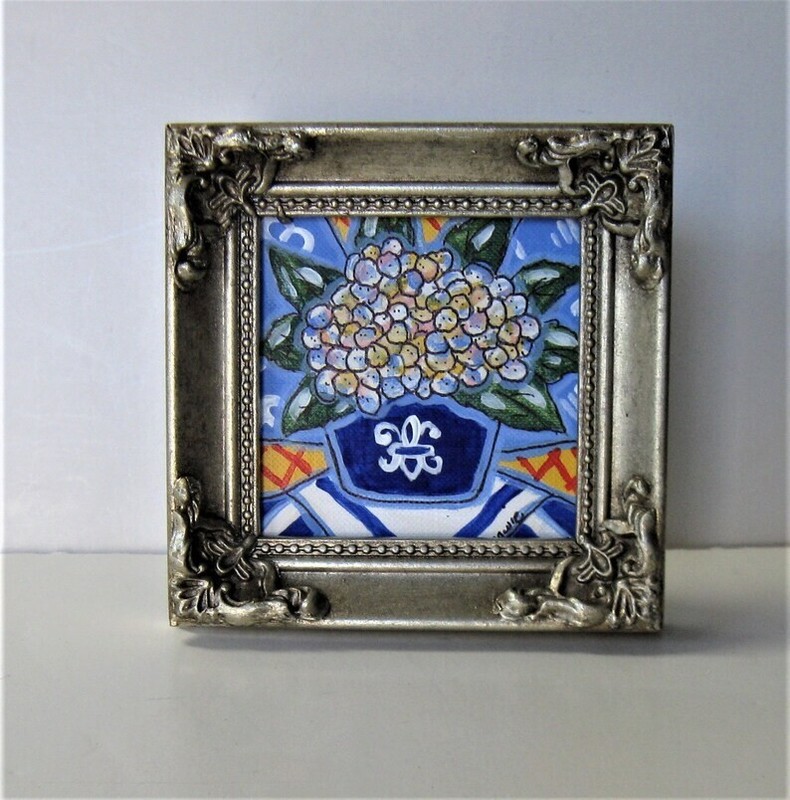 Original silver Framed Mini acrylic Painting, 4 X 4, Hydrangea, signed OOAK 