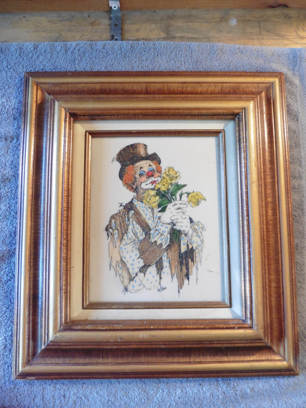 Vtg Etching Painting Framed Rags & Roses Flowers Clown JR Blair 8″ x 10″