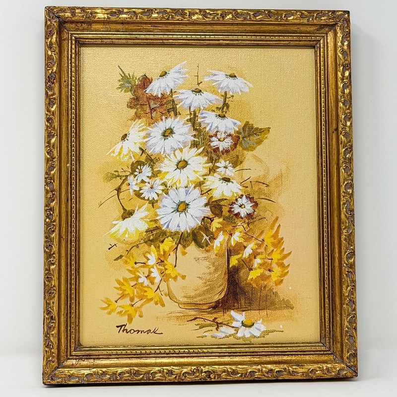 Floral Still Life Oil Painting In Ornate Gold Frame Daisy’s & Red Flowers 11″x9″