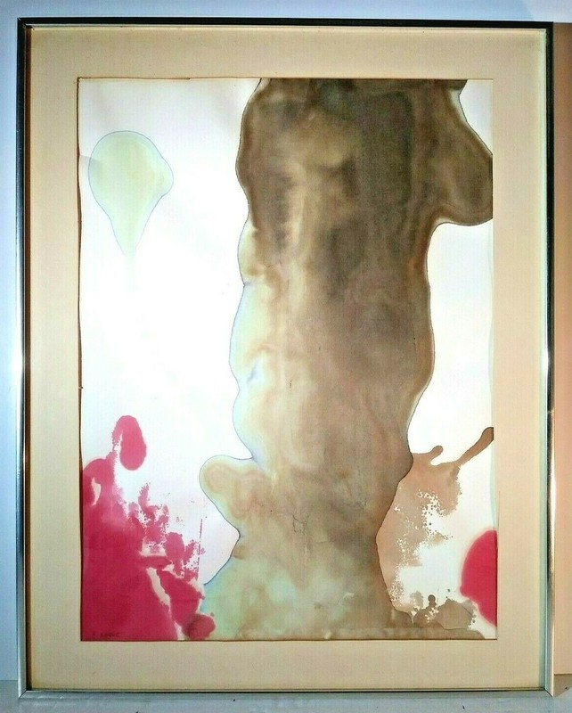 MID 20th C. AMERICAN ABE KAPNER SIGNED ORIGINAL MCM ABSTRACT WATERCOLOR FRAMED