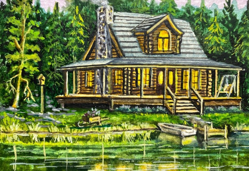 Watercolor Painting Forest Log House Cabin Lake Country Nature ACEO Art