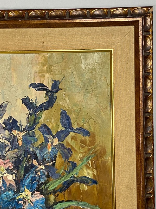 Floral Oil Painting 36x29 Gian Luigi Campanile Blue Iris 1964 Large Impasto gallery
