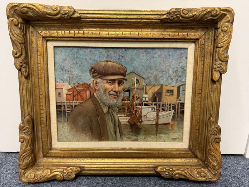 Emanuel Schary (Israel, 1924-94) “Old Man at The Dock ” Oil on Board Signed LR