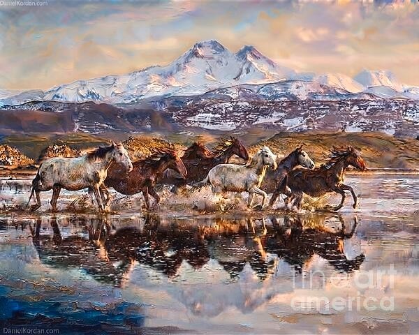 new handmade Painting on 24″*30″ canvas Horses vs Snowy Mountains by Wendy