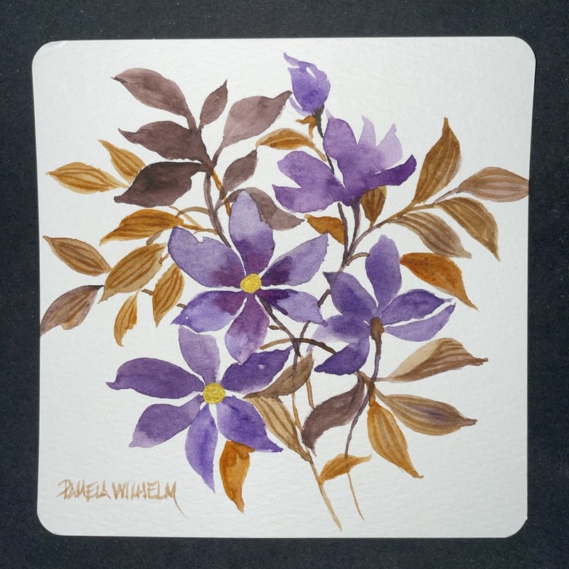 5”x5” Original Watercolor By Pamela Wilhem Whimsical Purple Brown Flowers