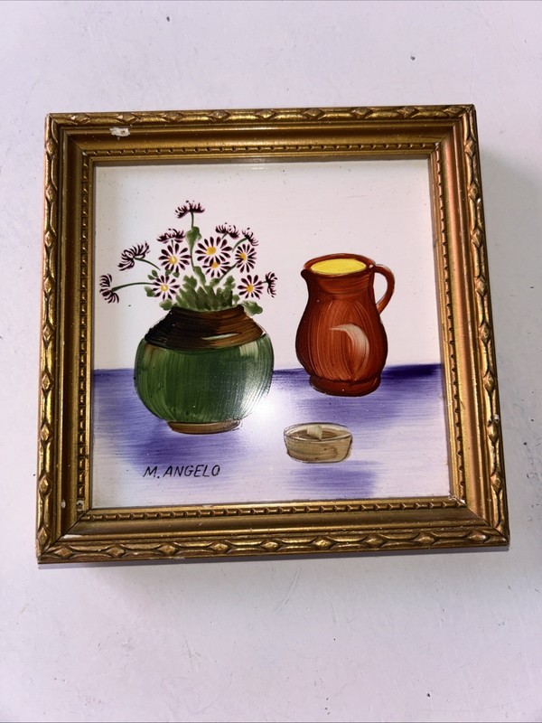 M. Angelo Tile Framed Wall Art HandPainted Flowers Vase Pitcher Bowl 5”Lx5”W