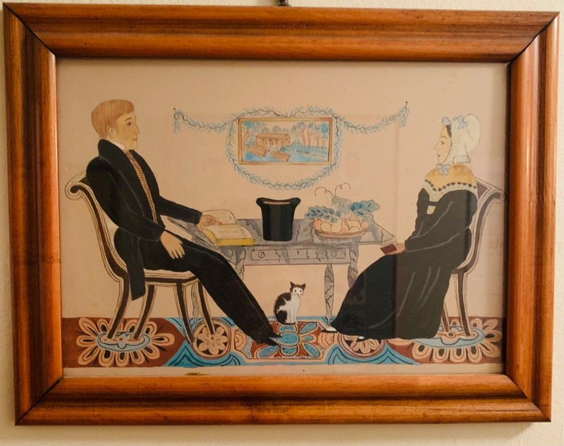 Classic Folk Art Watercolor Painting «Colonial Couple at Home» Framed. 12″ x 11″
