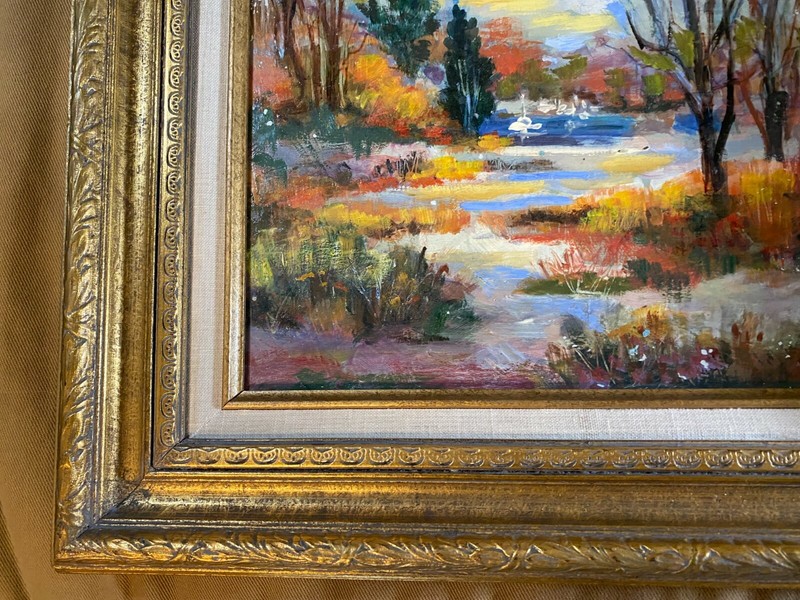 John Reilly (1942 - 2021) "Landscape With Pond Scene" Oil Painting - Framed gallery
