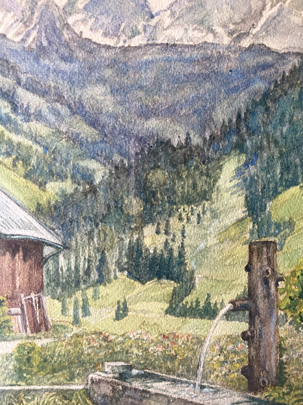 Watercolor on cardboard alpine landscape farmhouse A. Kreissel '77 vintage gallery