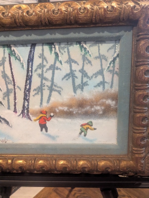 Rare Vintage Don Mingolla 14.75"x12.5" Enamel On Copper Painting of Winter Fun gallery