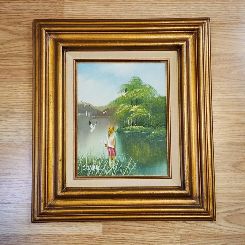 C. Manuel Signed Original Impressionist Oil Painting Girl At The Lake Wood Frame