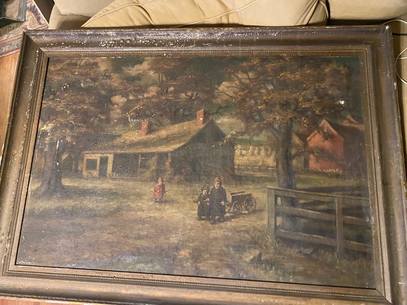 Huge Antique «Children In A Village Landscape Scene» Oil Painting – Framed