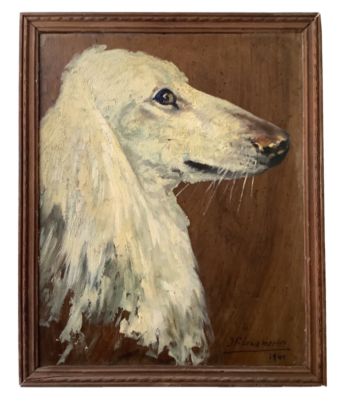 Antique Oil Painting – Portrait Dog White BORZOI AFGHAN HOUND