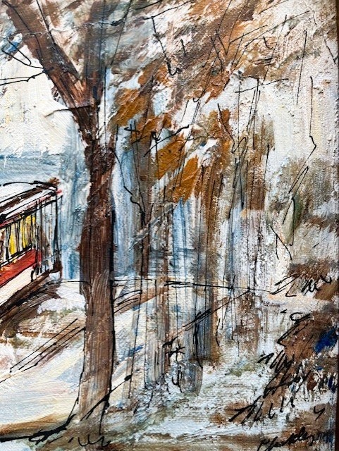John Checkley Original Vintage Oil Painting Red Cable Car 10x8 FRAMED 13x11 gallery