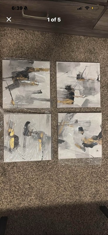 Jaiya Signed Set of 4 Abstract Canvas Paintings Gray Black Gold Modern Art