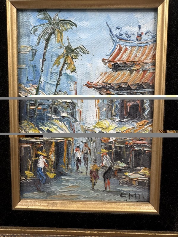 Oil On Canvas Wood Panel Painting Art Oriental Framed Picture Signed "CMH" gallery