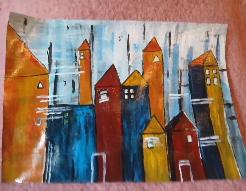 Original Acrylic Picture 21 x 29.7 cm Handmade Vibrant Cityscape