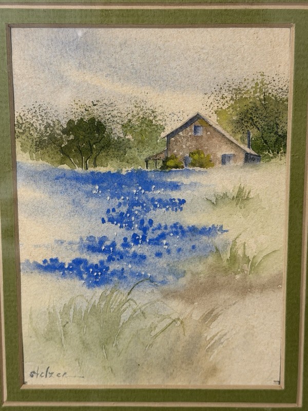 Vintage Signed Stelzer Texas Bluebonnet Watercolor Painting Custom Framed Art