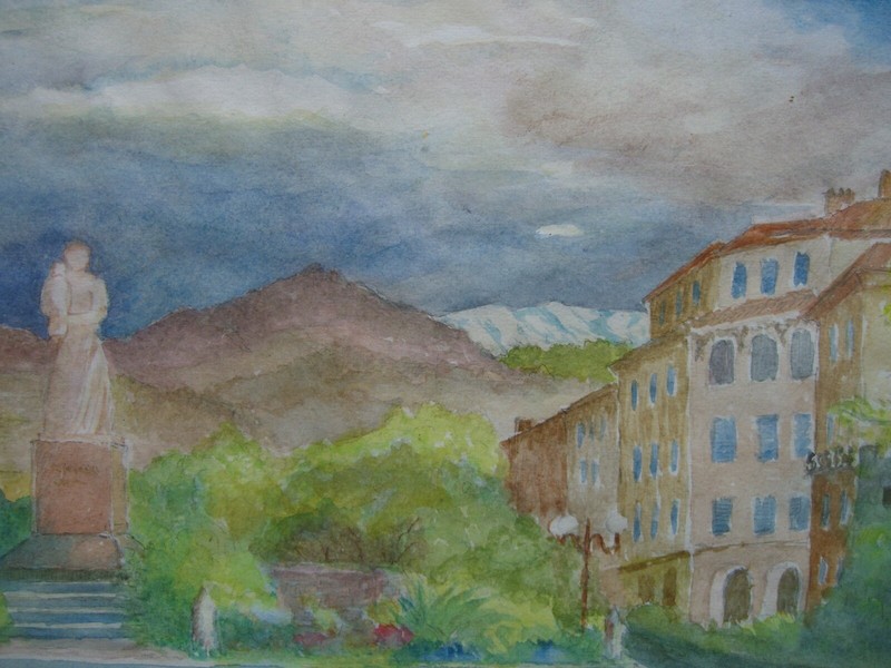 Watercolor View L'ILE ROUSSE CORSICA FRANCE Monument Statue Monogram E.K. gallery