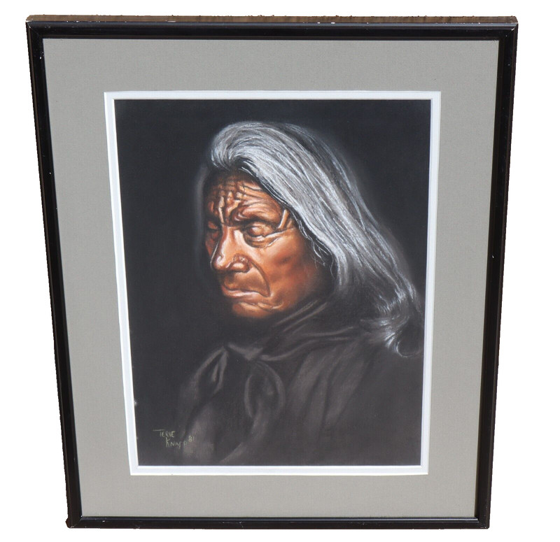 TERIE KNAPP California Artist Pastel painting of an OGLALA SIOUX INDIAN 1981