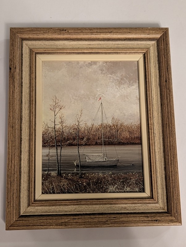 Vintage D W Knowlton III Signed Sailboat Landscape Textured Art on Board Framed