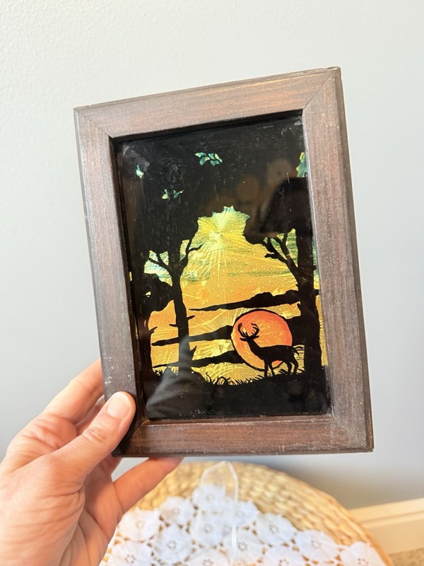Antique Reverse Painted Glass Deer Sunset Art Foil Back 8x6 Handmade Wall Decor gallery