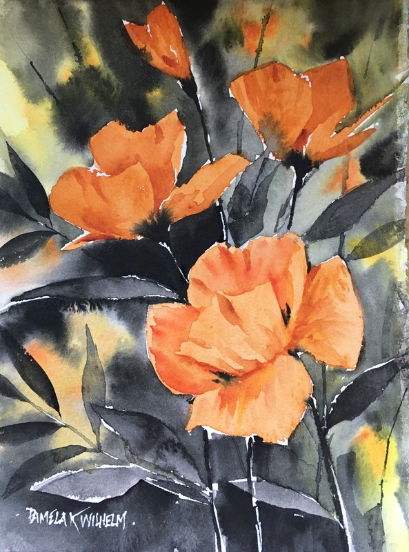 Original Watercolor By Pamela Wilhelm Orange black gray floral Yellow 5.5×5.5”