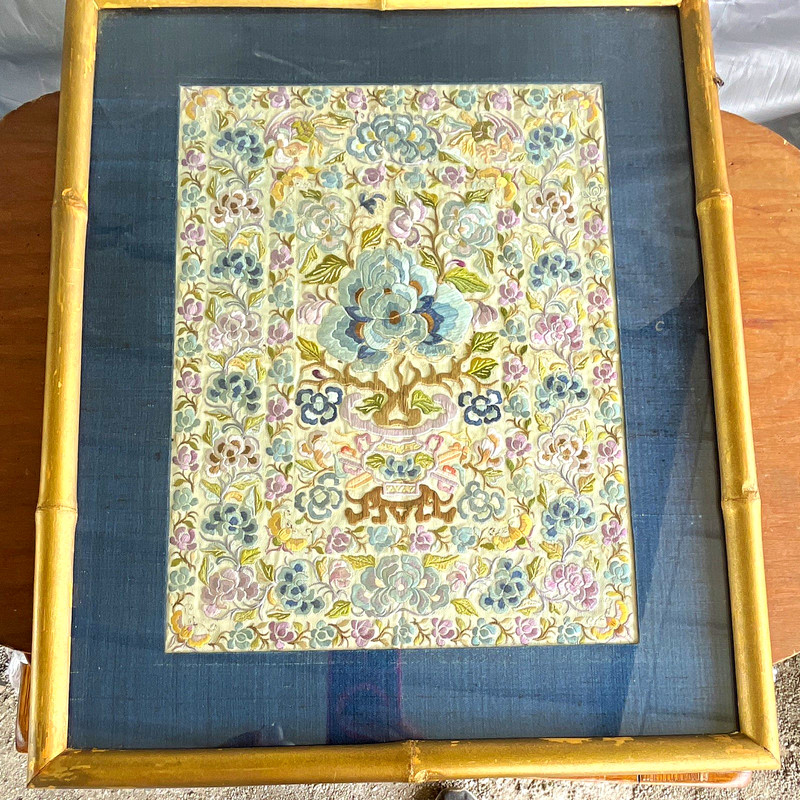 Matted & Framed Floral Decorative Painting, Bamboo-Style Frame w/ Hanging Wire