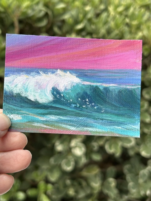 ACEO Original Mini Acrylic Sunset Seascape Wave Del Mar, CA by Gale Landscape