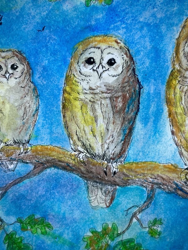 ORIGINAL WATERCOLOR OWLETS OWLS MOONLIGHT PAINTING 9 X 12 gallery