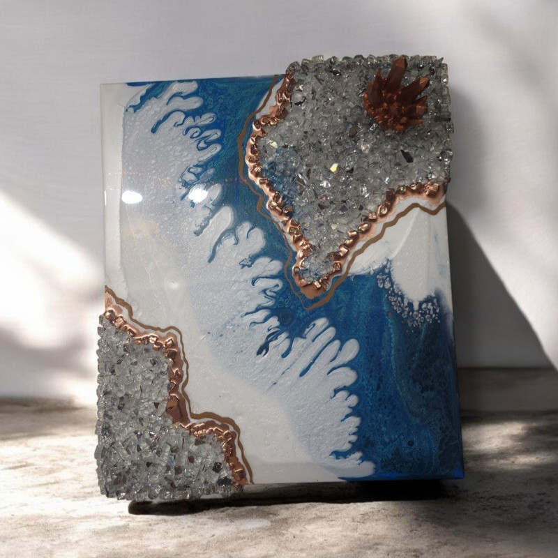 Abstract Blue & White Textured Painting Panel w/ Crystal Geode Accents, Unframed