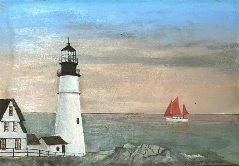 Vintage American Art Nautical Lighthouse Coastal Landscape Seascape Oil Painting