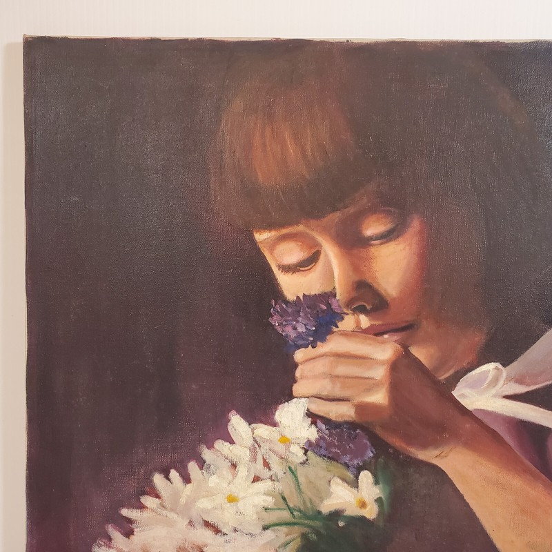 Signed Rae Oil Canvas 18x24 Girl Smelling Flowers Painting Vtg 1965 Mid C Mod gallery