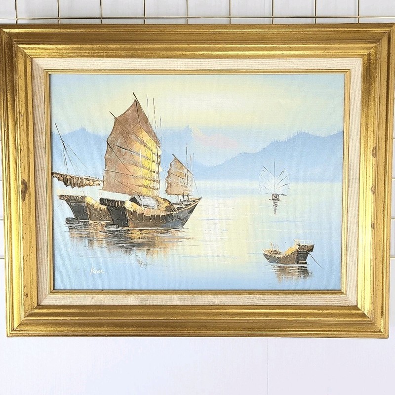 Kwok Signed Boat Nautical Ship Boat Ocean Scene Oil Canvas Painting-Read
