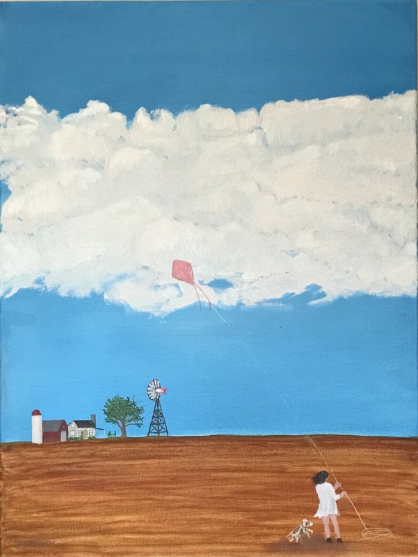 FARM XI KITE FLYING, ORIGINAL OIL PAINTING