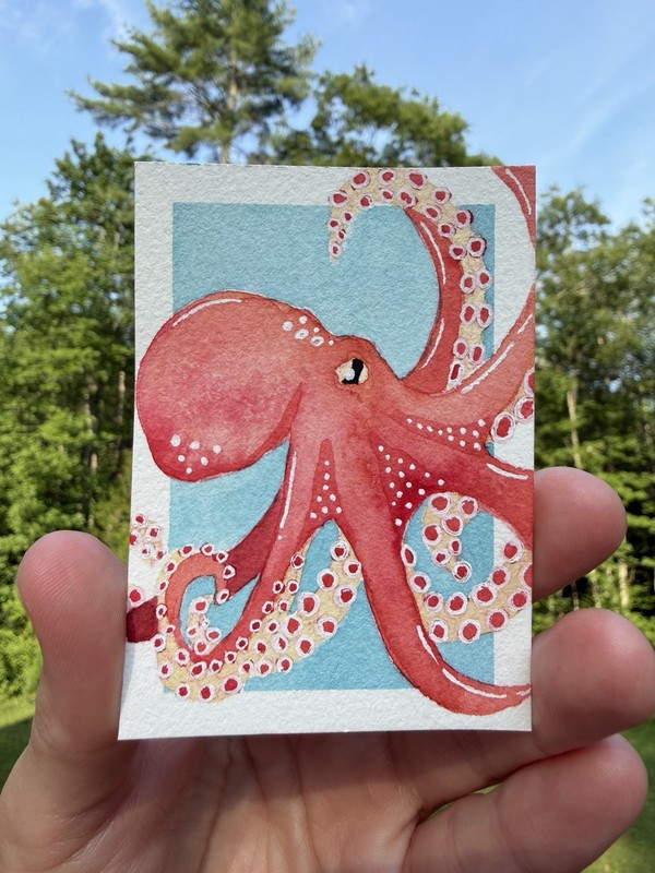 ACEO Original octopus, sea life, abstract ocean animal illustration 2.5 inx3.5