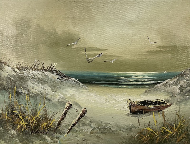 Seascape Seagulls Beach Dune Boat Ocean Oil Painting Canvas 12×16 Signed Holland