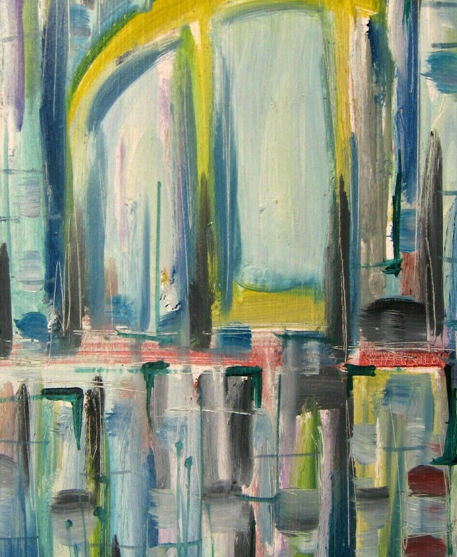MAGGIES BACK IN TOWN abstract 8x10 painting WOOD Vintage original signed Crowell gallery
