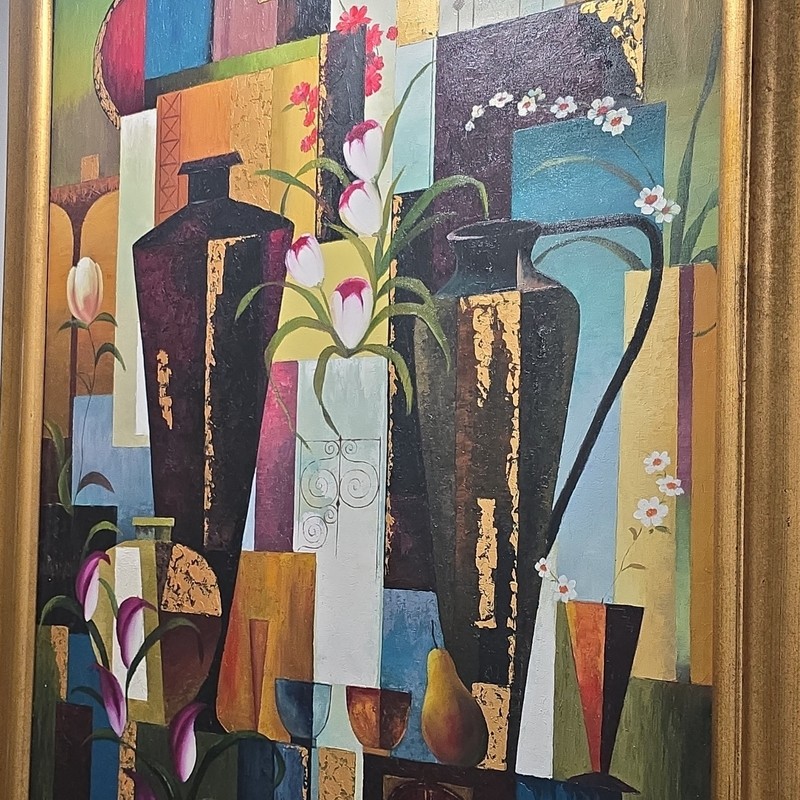 Danny Signed Framed Abstract Modern Floral Still Life Vase Original Canvas OOAK