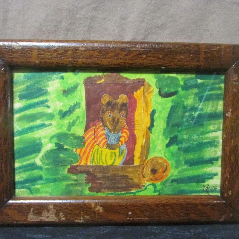 Ink & Mixed Media (?) Picture Mrs. Mouse in Window, Signed JM '96 Framed gallery