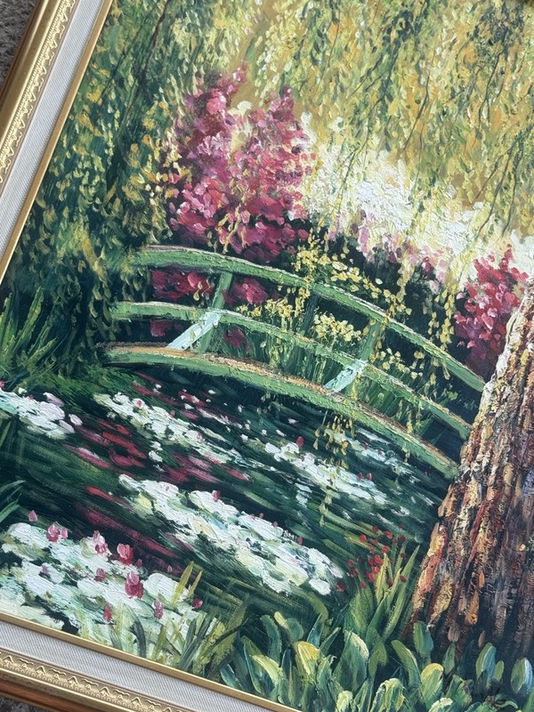Vtg Original Oil Painting Floral Garden Signed Kindle 25”x23” Framed Monet-esque gallery