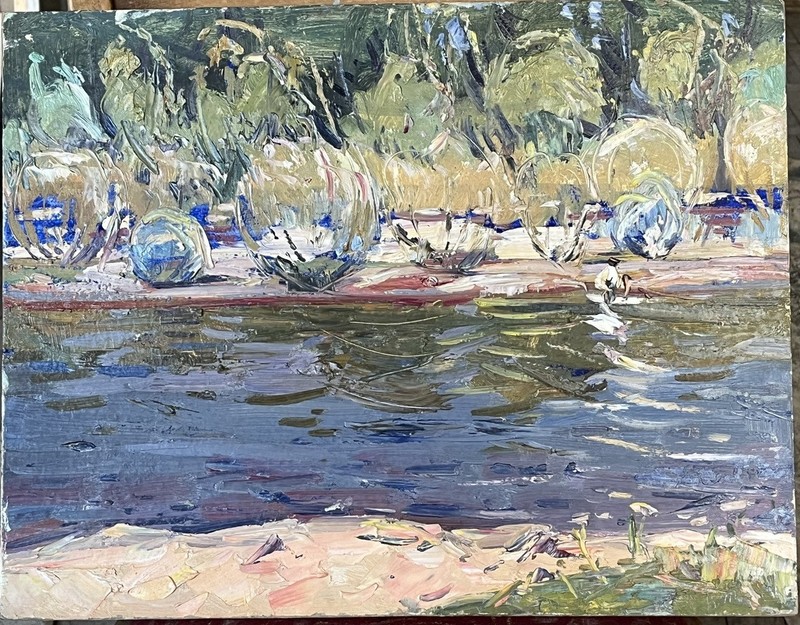 Old OIL Hand PAINTING /Swans Lake/ USSR 1970 Landscape Vintage Impressionism gallery