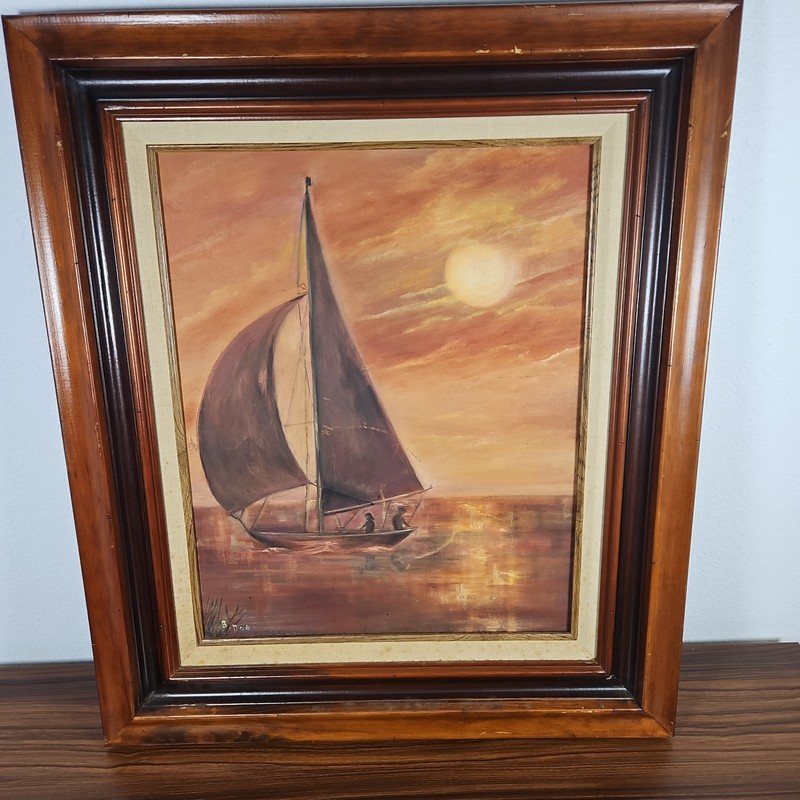 Vintage Mid Century Modern Signed Painting Seascape Sailboat