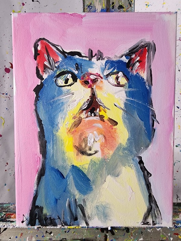 Original Abstract Painting Cat Canvas Neo Expressionist Fine Art Decor 9x12 gallery